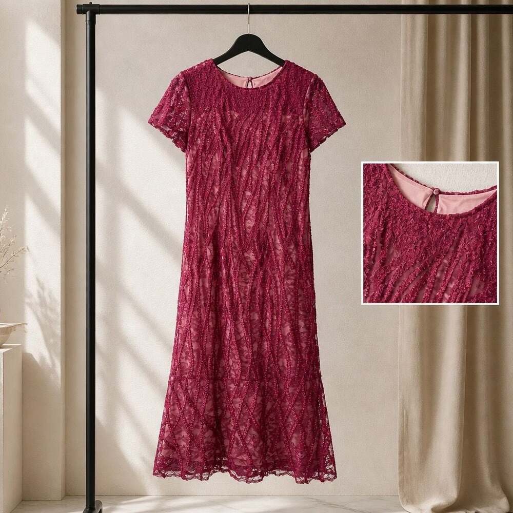 JS Collections Burgundy Embroidered Lace Short Sleeve Midi Gown #1063 - Picture 2 of 7